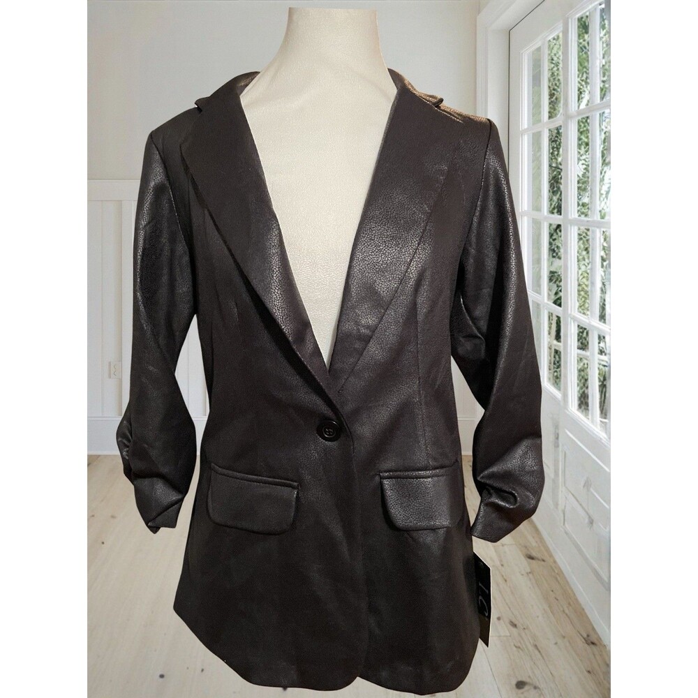 LC BY LAURA CRUZ Women's Black Textured Faux Leather Ruched Sleeve Jacket S NWT - Picture 2 of 11